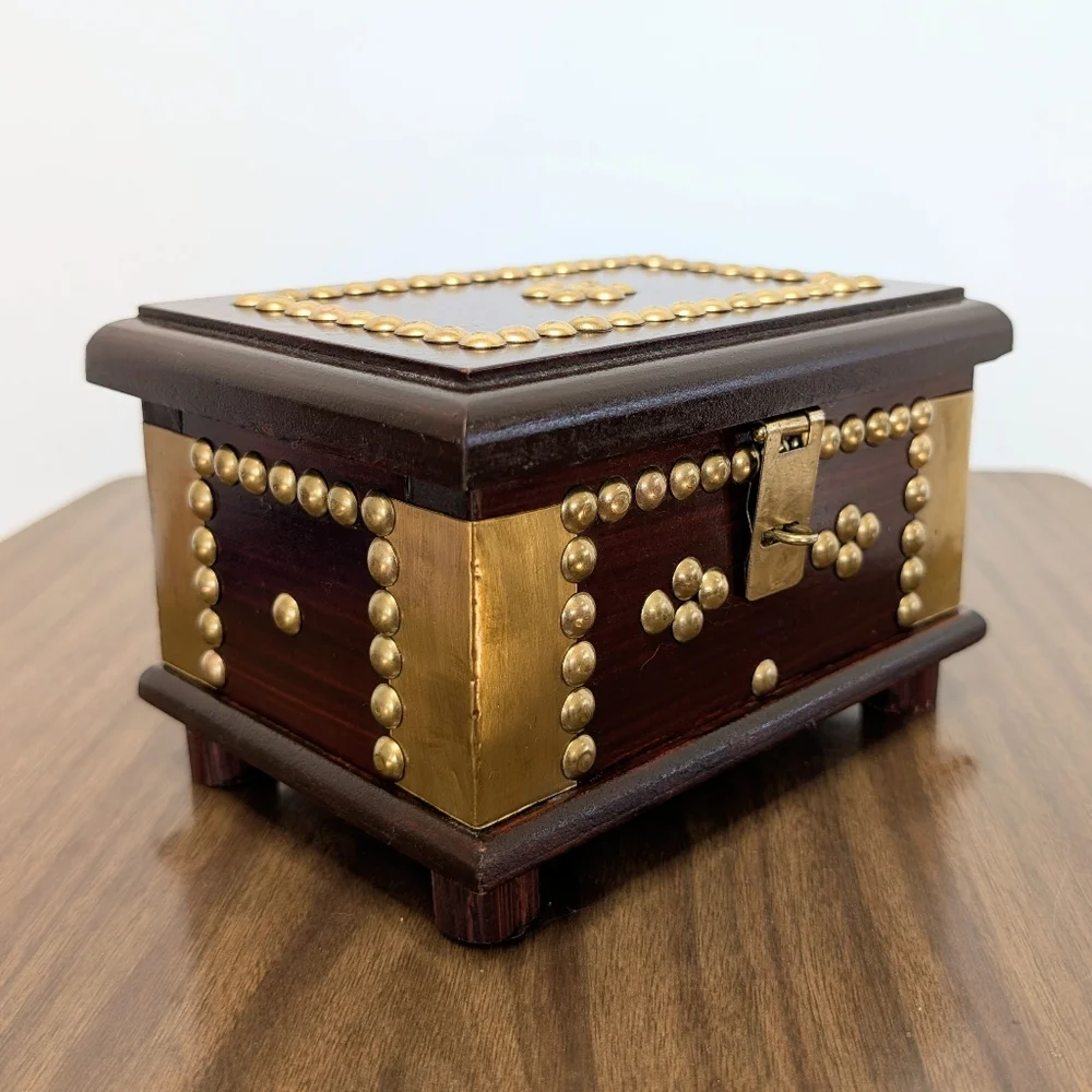 Vintage Dark Red Brown Mahogany Color Wooden Box With Gold Tone Brass Details